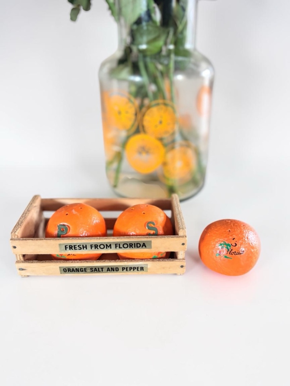 Vintage Orange Salt Pepper Set Japan Citrus Shakers w Wood Rack